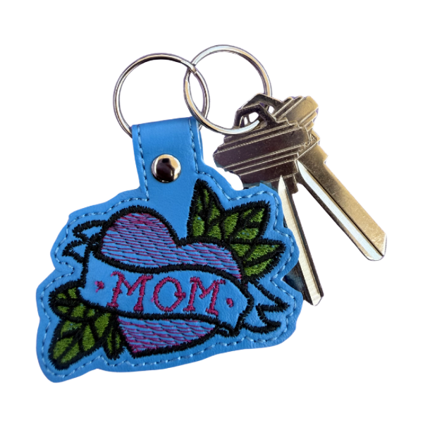 Mom Heart Keychain, Tattoo Style Mom Gift, Blue Keychain, Embroidered Keychain, Mother’s Day Gift, Gift for Mom, Edgy Mom Gift, Bag Charm