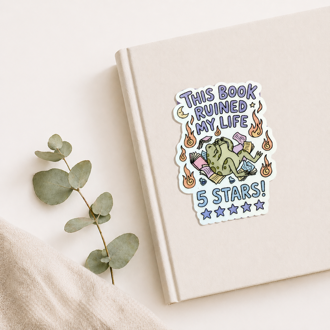 Funny Book Lover Sticker – “This Book Ruined My Life 5 Stars” Frog Sticker, Bookish Humor Decal, Reader Gift, Kindle Laptop Water Bottle Sticker
