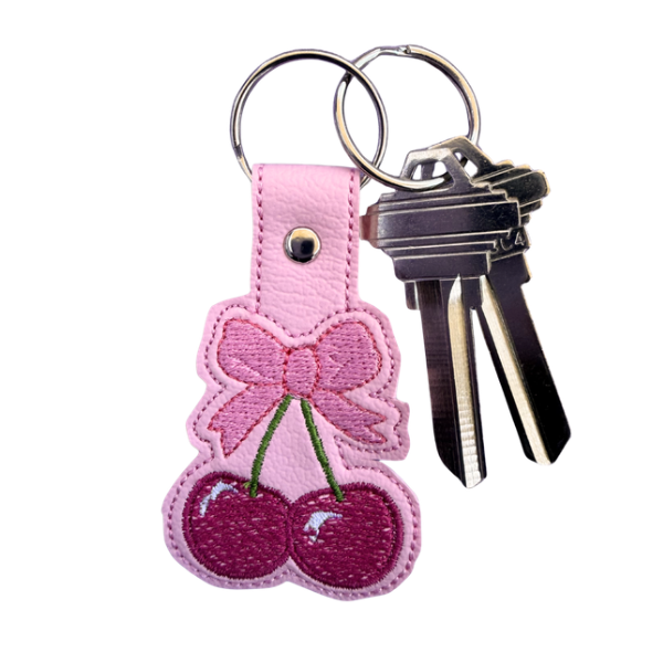 Cherry Bow Keychain, Coquette Cherry Keychain, Cute Embroidered Keychain, Girly Bag Charm, Pink Aesthetic Accessory, Cute Gift for Her