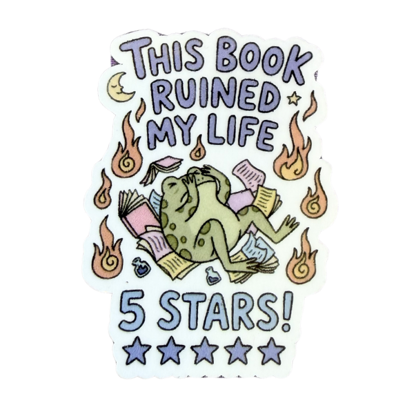 Funny Book Lover Sticker – “This Book Ruined My Life 5 Stars” Frog Sticker, Bookish Humor Decal, Reader Gift, Kindle Laptop Water Bottle Sticker