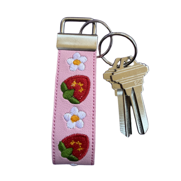 Strawberry Mini Wristlet Keychain, Floral Key Fob, Coquette Keychain, Pink Strap, Aesthetic Gift for Her