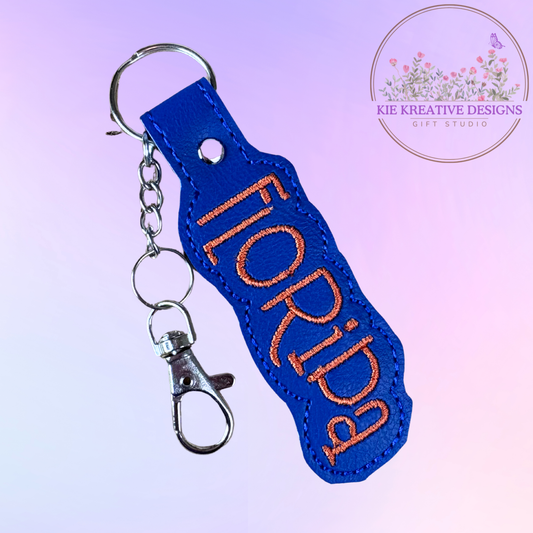 Florida Embroidered Keychain | Blue and Orange Florida Gift | State Pride Key Fob | Handmade Keychain for Gator Fans & Locals