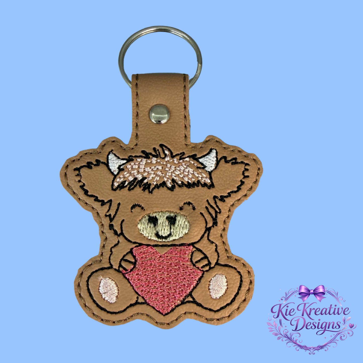 Highland Cow Heart Keychain – Cute Embroidered Cow Key Ring – Farm Animal Gift – Small Thoughtful Gift – Bag Charm – Valentine Gift Idea