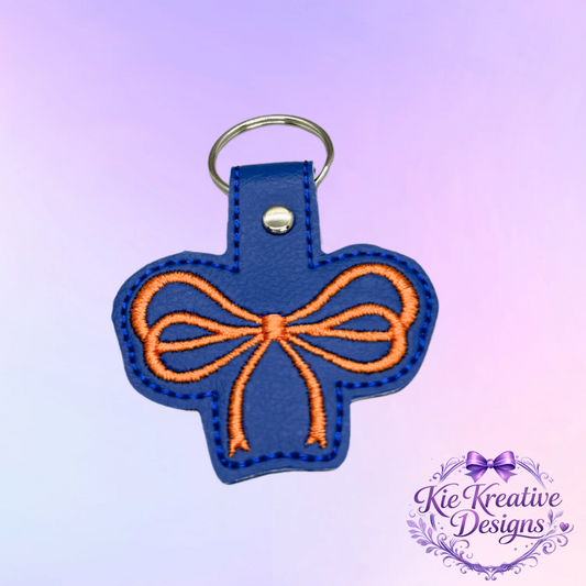 Blue and Orange Embroidered Bow Keychain | Faux Leather Wristlet Key Fob | Cute Bag Charm | Game Day Accessory | Thoughtful Small Gift