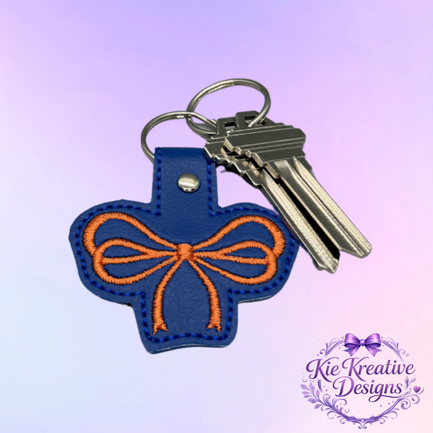 Blue and Orange Embroidered Bow Keychain | Faux Leather Wristlet Key Fob | Cute Bag Charm | Game Day Accessory | Thoughtful Small Gift