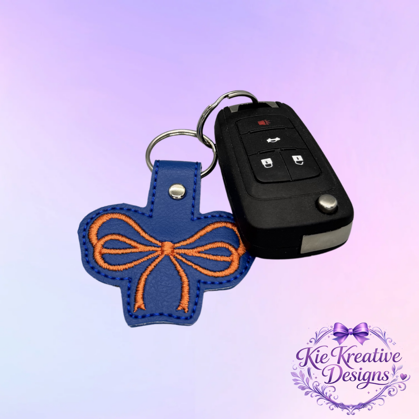 Blue and Orange Embroidered Bow Keychain | Faux Leather Wristlet Key Fob | Cute Bag Charm | Game Day Accessory | Thoughtful Small Gift