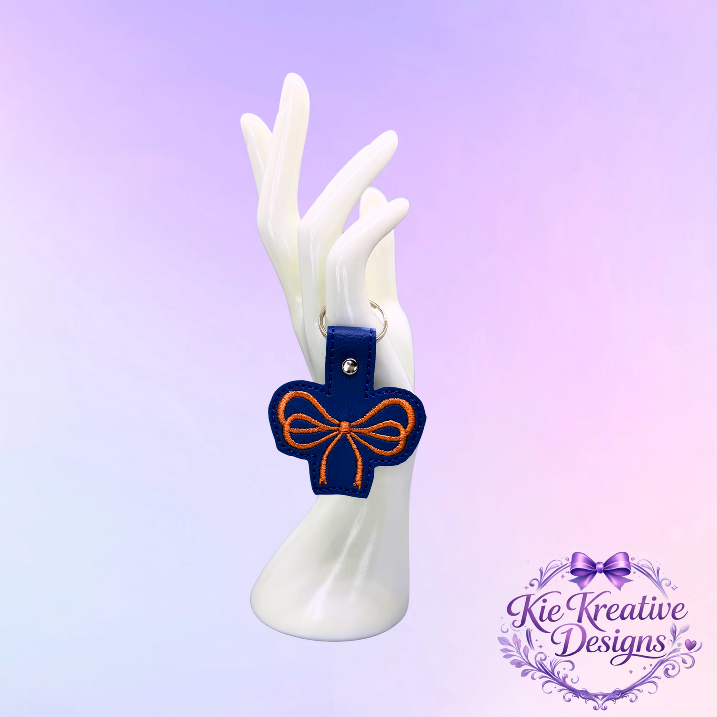 Blue and Orange Embroidered Bow Keychain | Faux Leather Wristlet Key Fob | Cute Bag Charm | Game Day Accessory | Thoughtful Small Gift