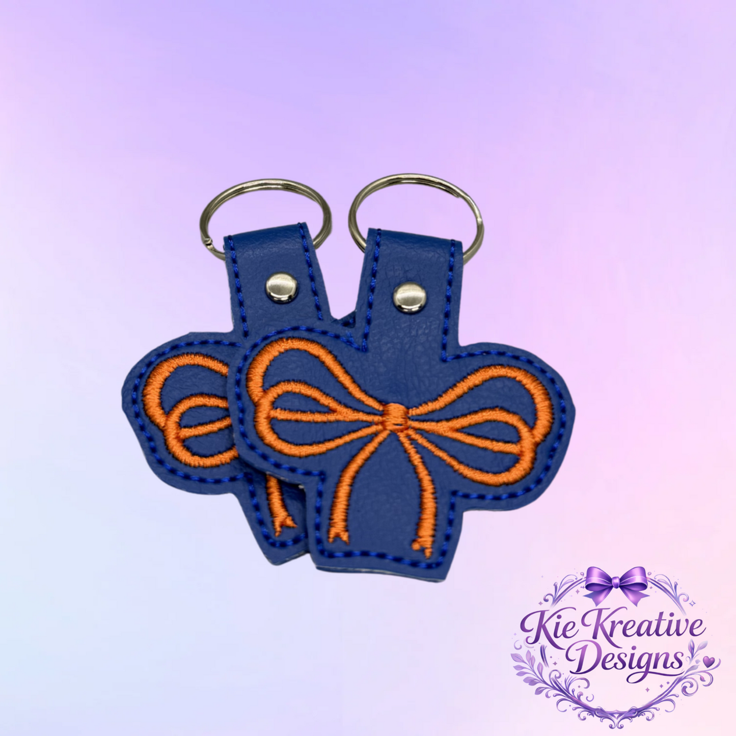 Blue and Orange Embroidered Bow Keychain | Faux Leather Wristlet Key Fob | Cute Bag Charm | Game Day Accessory | Thoughtful Small Gift