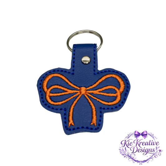 Blue and Orange Embroidered Bow Keychain | Faux Leather Wristlet Key Fob | Cute Bag Charm | Game Day Accessory | Thoughtful Small Gift