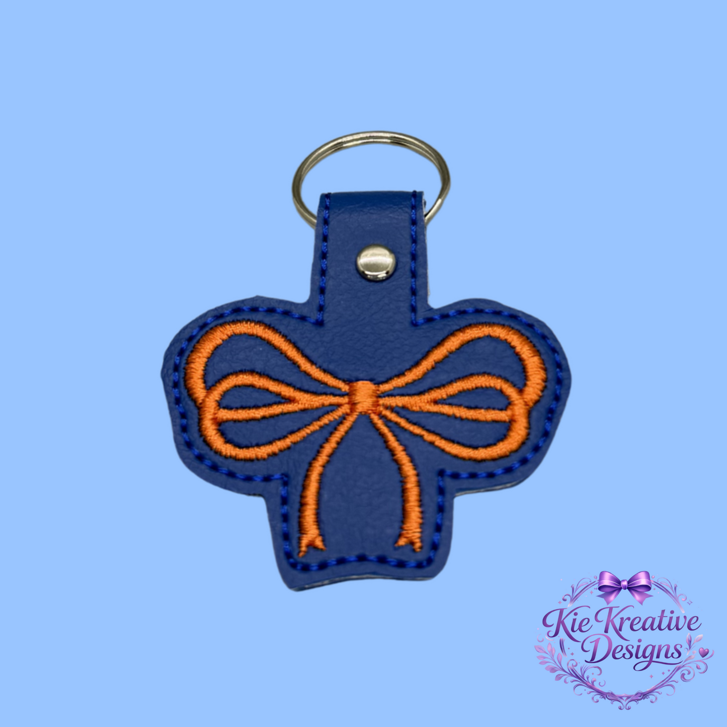 Blue and Orange Embroidered Bow Keychain | Faux Leather Wristlet Key Fob | Cute Bag Charm | Game Day Accessory | Thoughtful Small Gift