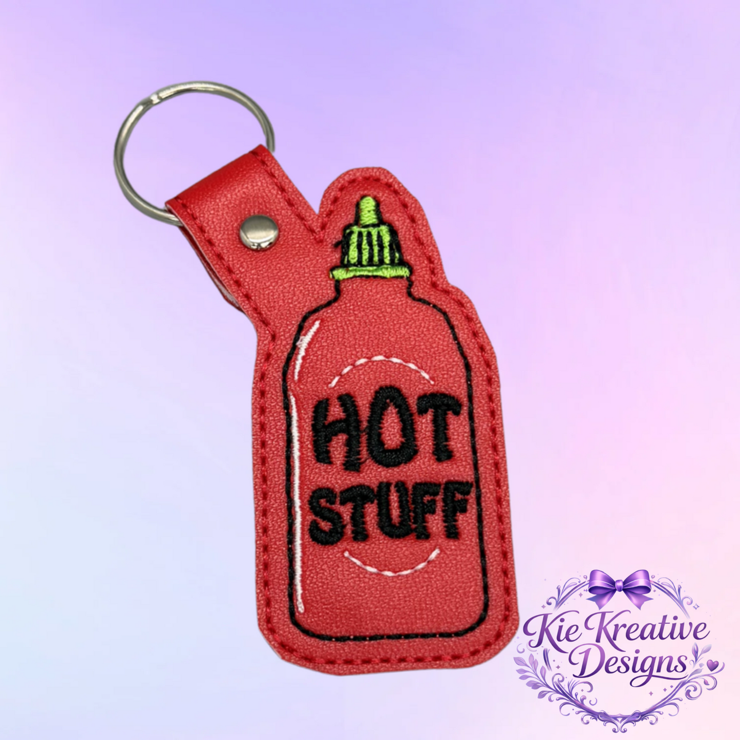 Hot Stuff Embroidered Keychain – Funny Spicy Gift – Sriracha Sauce Key Fob – Cute Food Lover Keychain – Small Gift for Him or Her