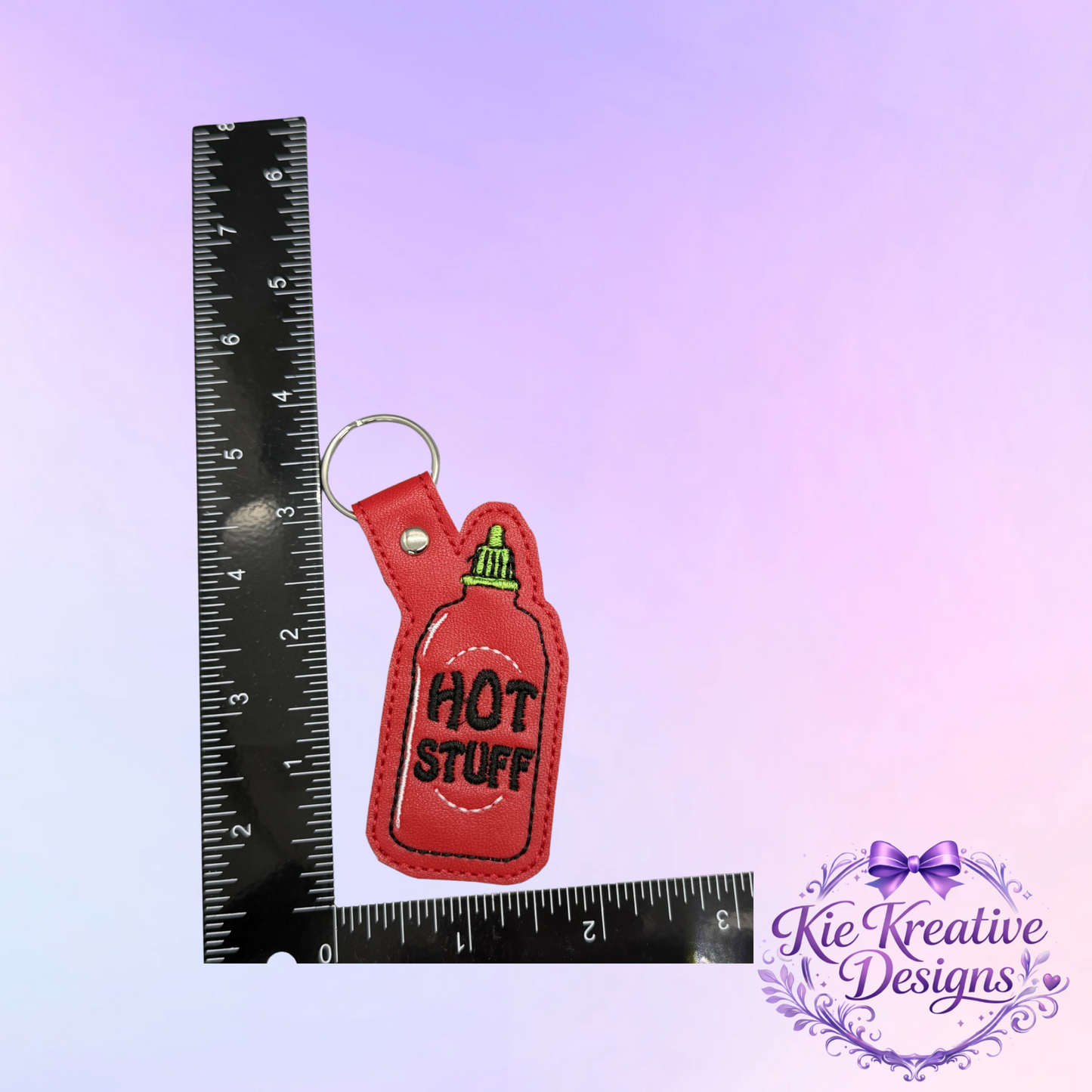 Hot Stuff Embroidered Keychain – Funny Spicy Gift – Sriracha Sauce Key Fob – Cute Food Lover Keychain – Small Gift for Him or Her