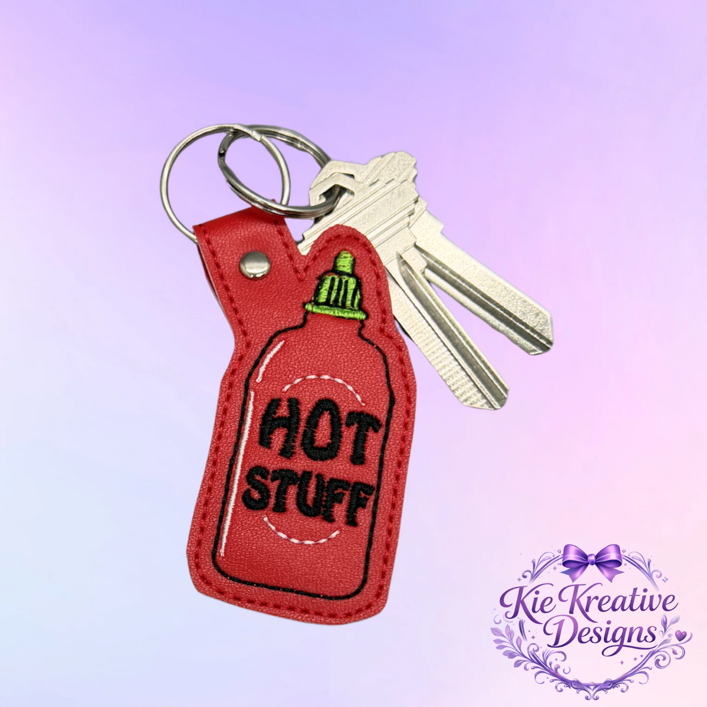 Hot Stuff Embroidered Keychain – Funny Spicy Gift – Sriracha Sauce Key Fob – Cute Food Lover Keychain – Small Gift for Him or Her