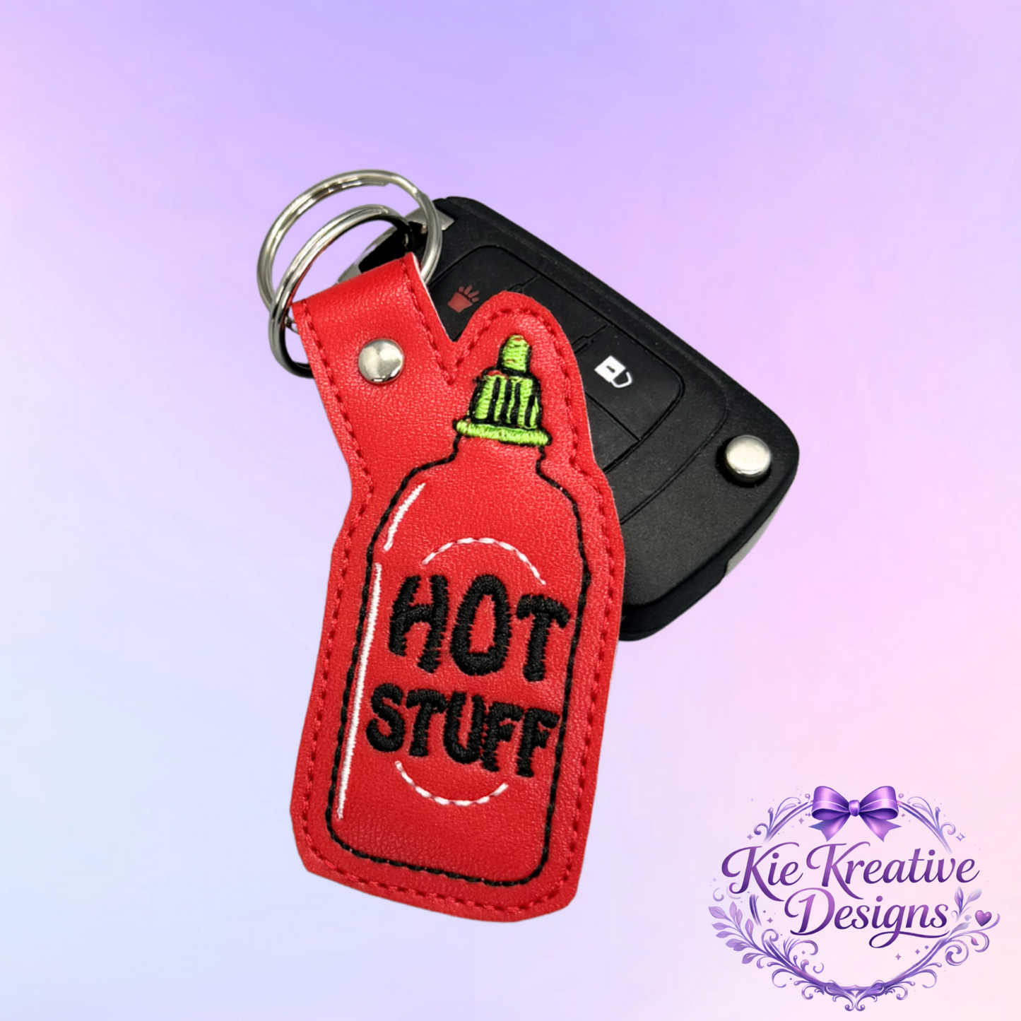 Hot Stuff Embroidered Keychain – Funny Spicy Gift – Sriracha Sauce Key Fob – Cute Food Lover Keychain – Small Gift for Him or Her