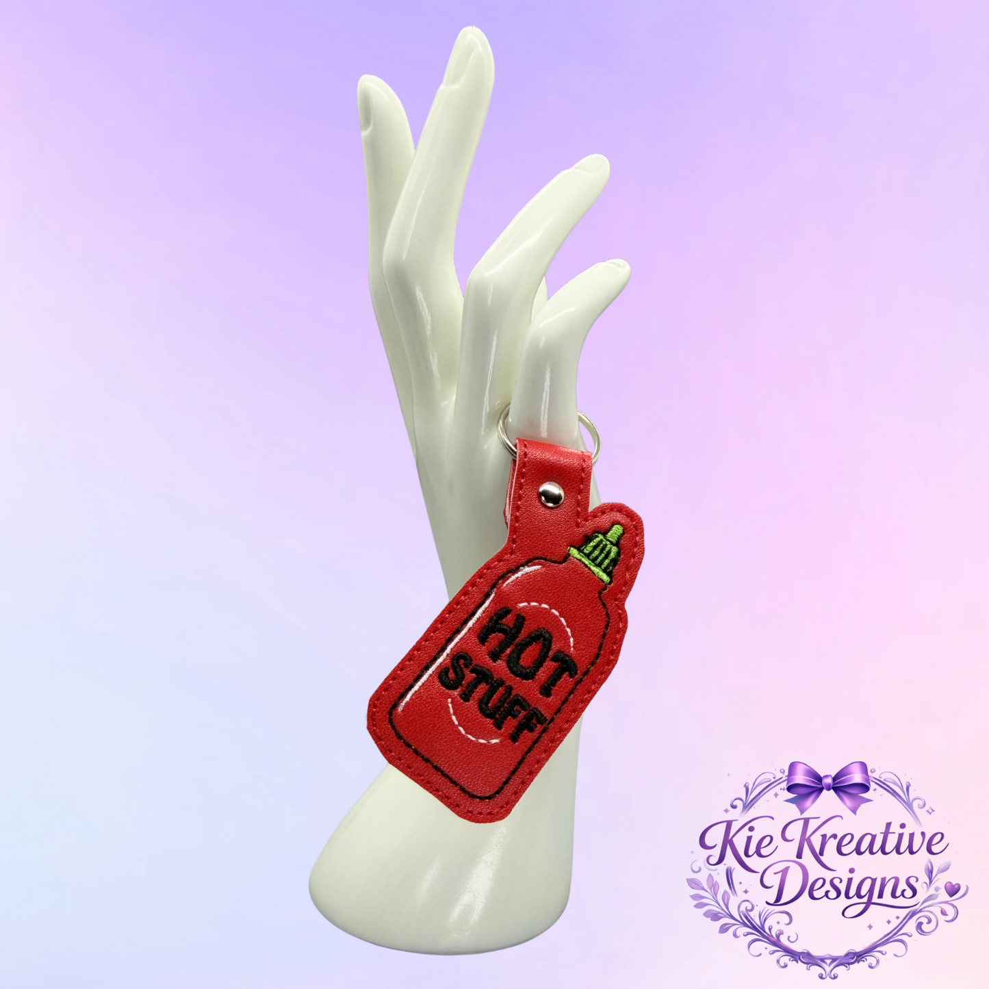 Hot Stuff Embroidered Keychain – Funny Spicy Gift – Sriracha Sauce Key Fob – Cute Food Lover Keychain – Small Gift for Him or Her
