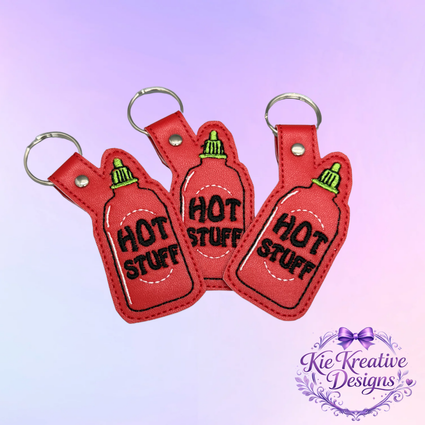 Hot Stuff Embroidered Keychain – Funny Spicy Gift – Sriracha Sauce Key Fob – Cute Food Lover Keychain – Small Gift for Him or Her