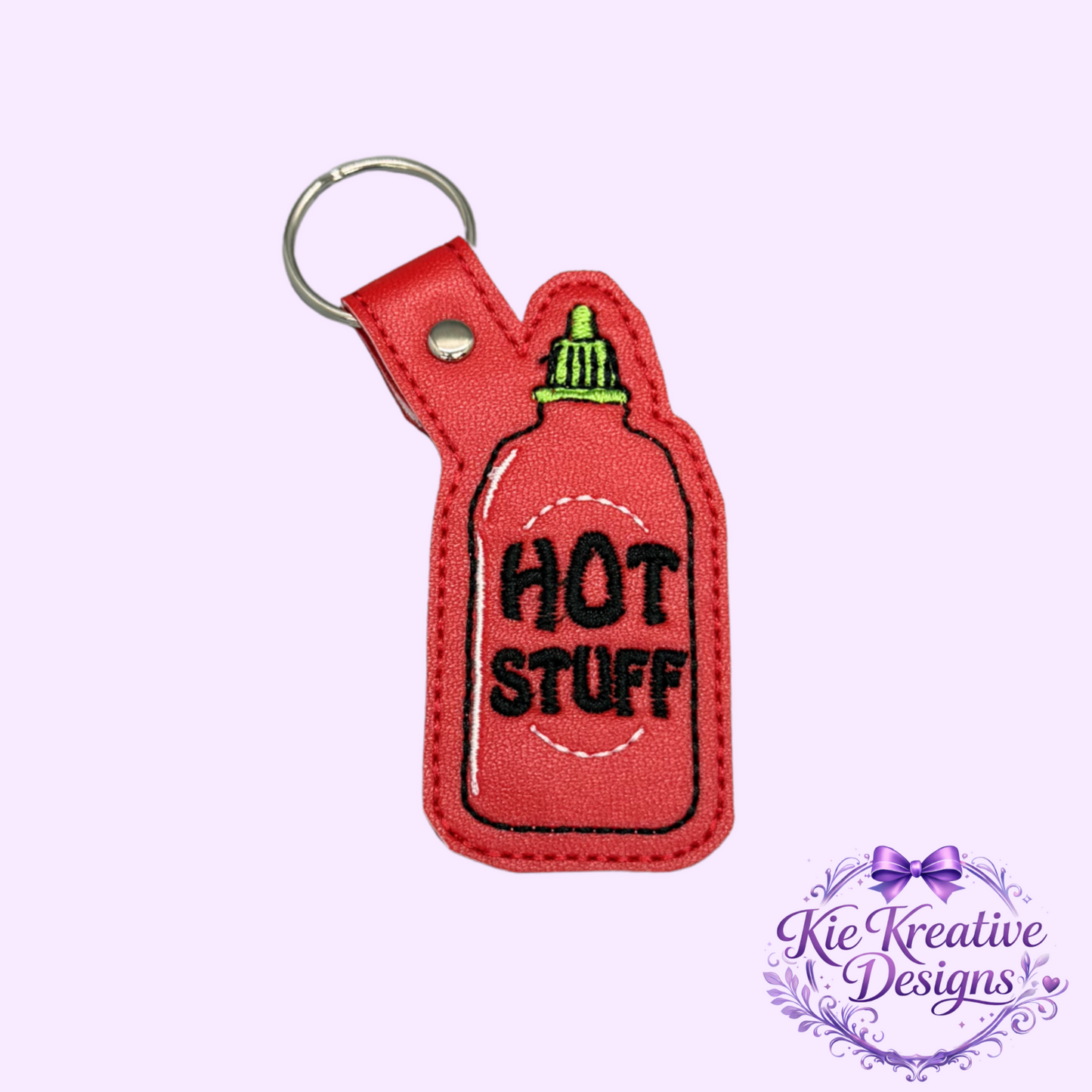Hot Stuff Embroidered Keychain – Funny Spicy Gift – Sriracha Sauce Key Fob – Cute Food Lover Keychain – Small Gift for Him or Her
