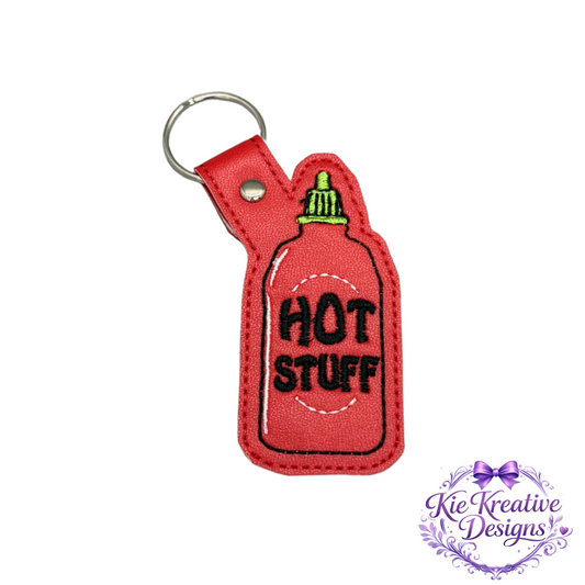 Hot Stuff Embroidered Keychain – Funny Spicy Gift – Sriracha Sauce Key Fob – Cute Food Lover Keychain – Small Gift for Him or Her