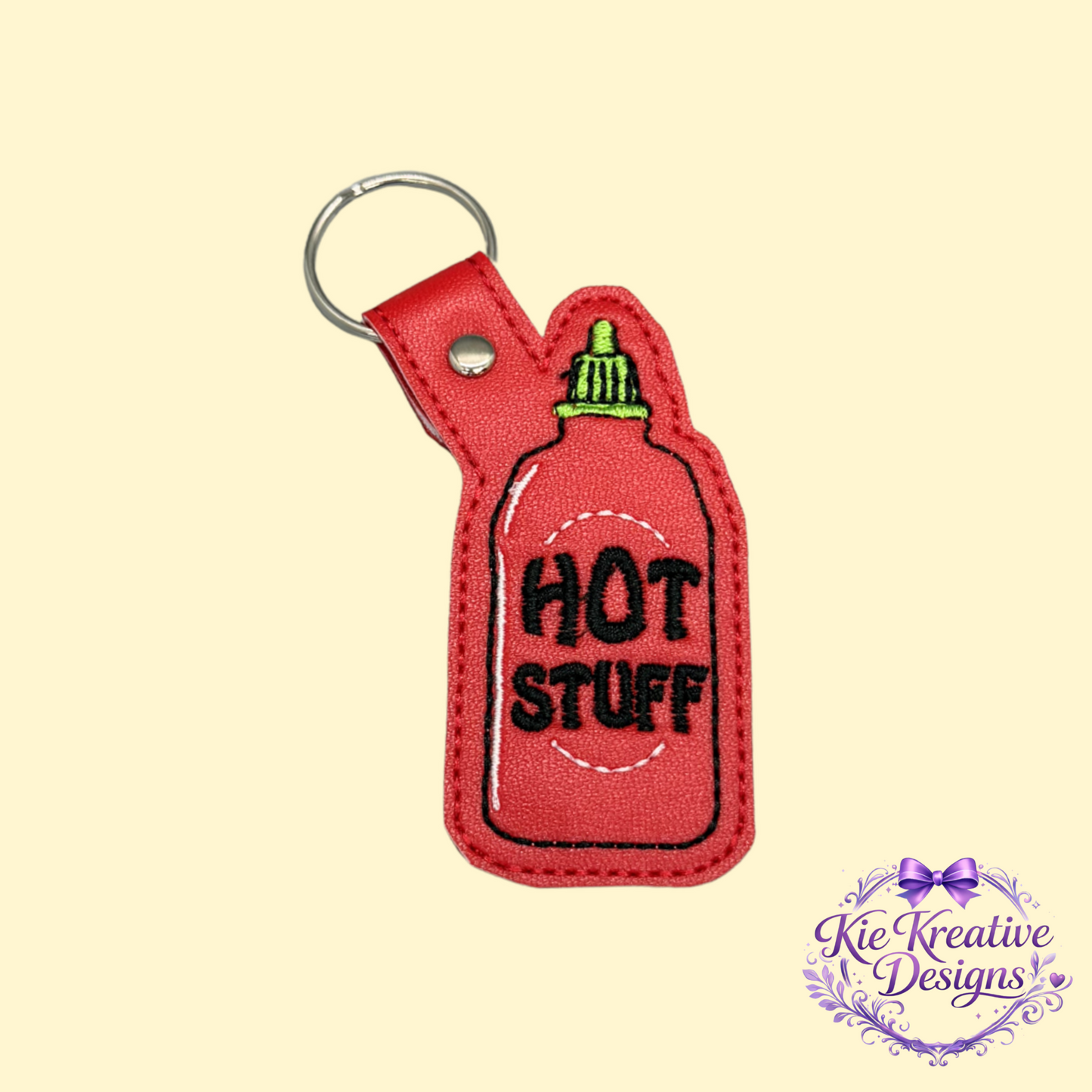 Hot Stuff Embroidered Keychain – Funny Spicy Gift – Sriracha Sauce Key Fob – Cute Food Lover Keychain – Small Gift for Him or Her