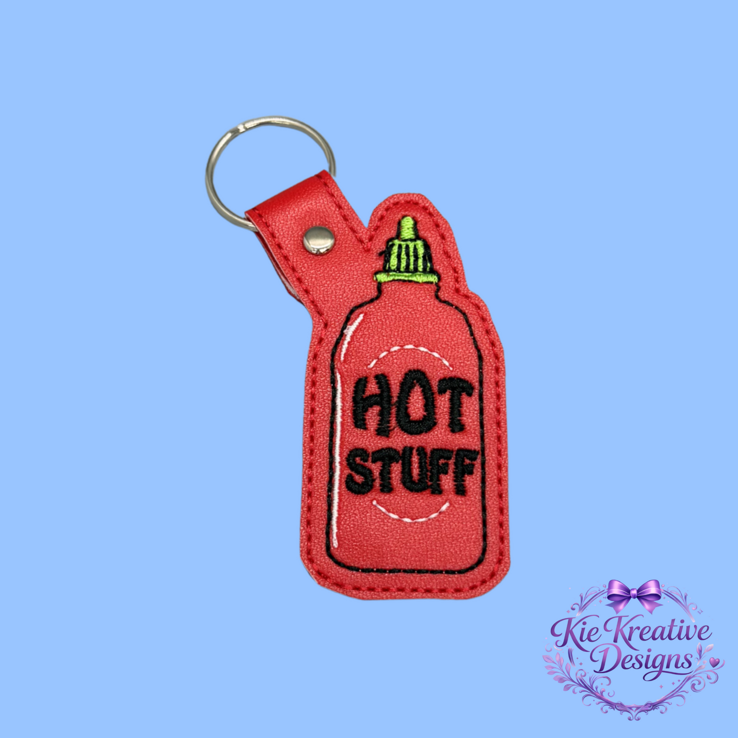 Hot Stuff Embroidered Keychain – Funny Spicy Gift – Sriracha Sauce Key Fob – Cute Food Lover Keychain – Small Gift for Him or Her