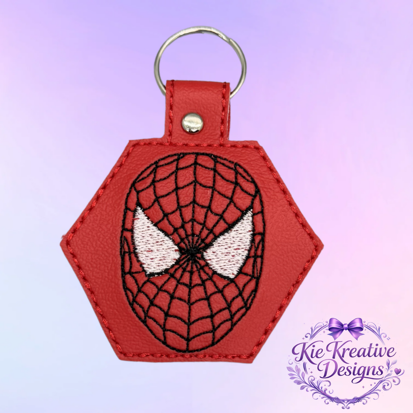 Superhero Embroidered Keychain – Spider Inspired Faux Leather Key Fob – Comic Book Fan Gift – Stocking Stuffer for Him – Backpack Charm Accessory