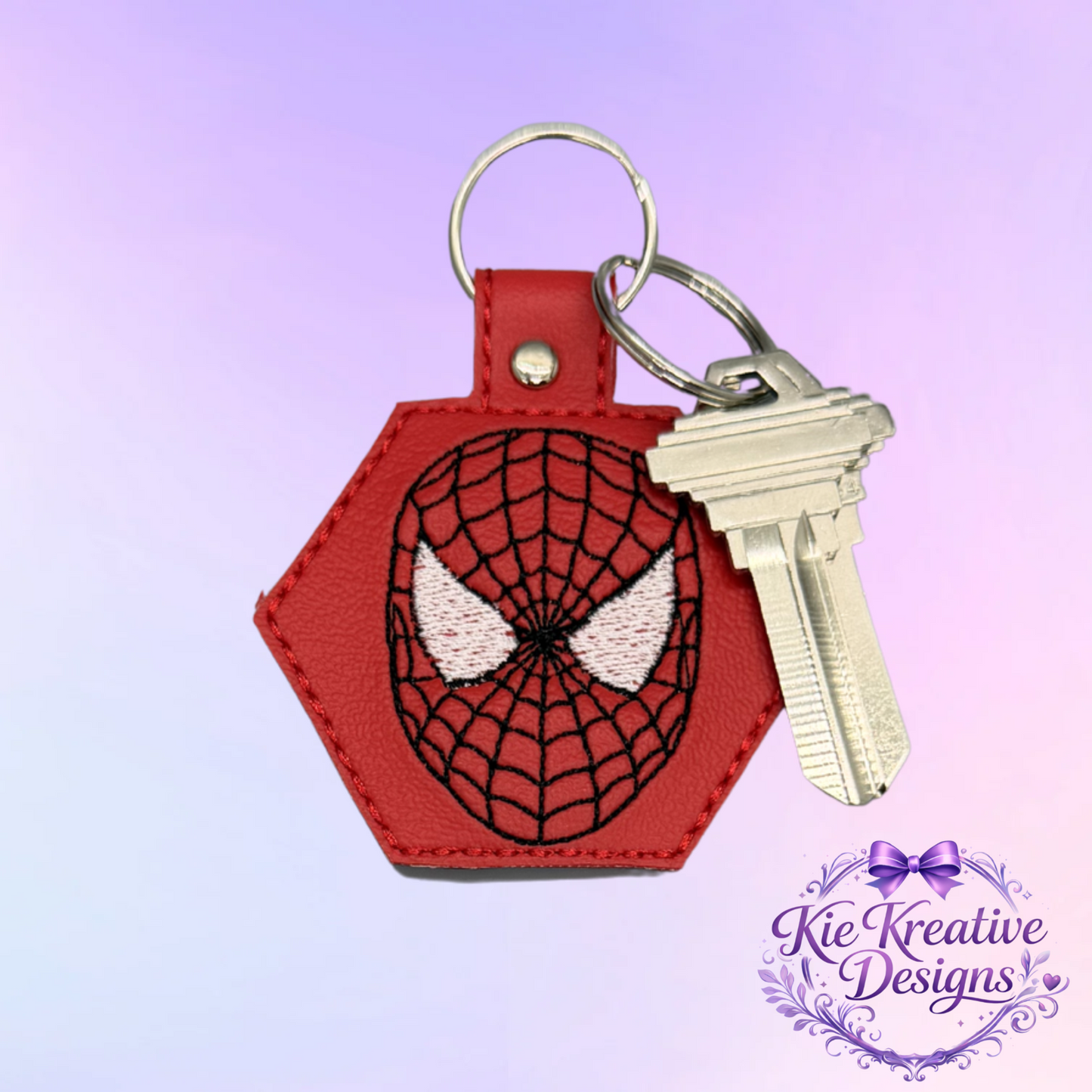Superhero Embroidered Keychain – Spider Inspired Faux Leather Key Fob – Comic Book Fan Gift – Stocking Stuffer for Him – Backpack Charm Accessory