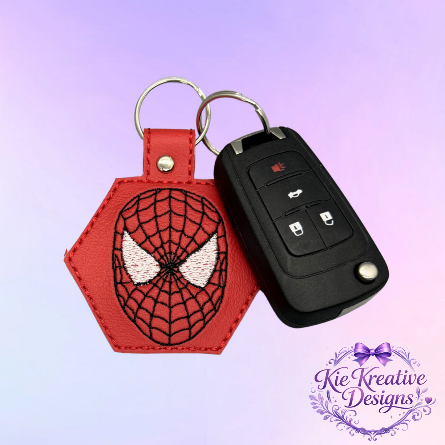 Superhero Embroidered Keychain – Spider Inspired Faux Leather Key Fob – Comic Book Fan Gift – Stocking Stuffer for Him – Backpack Charm Accessory