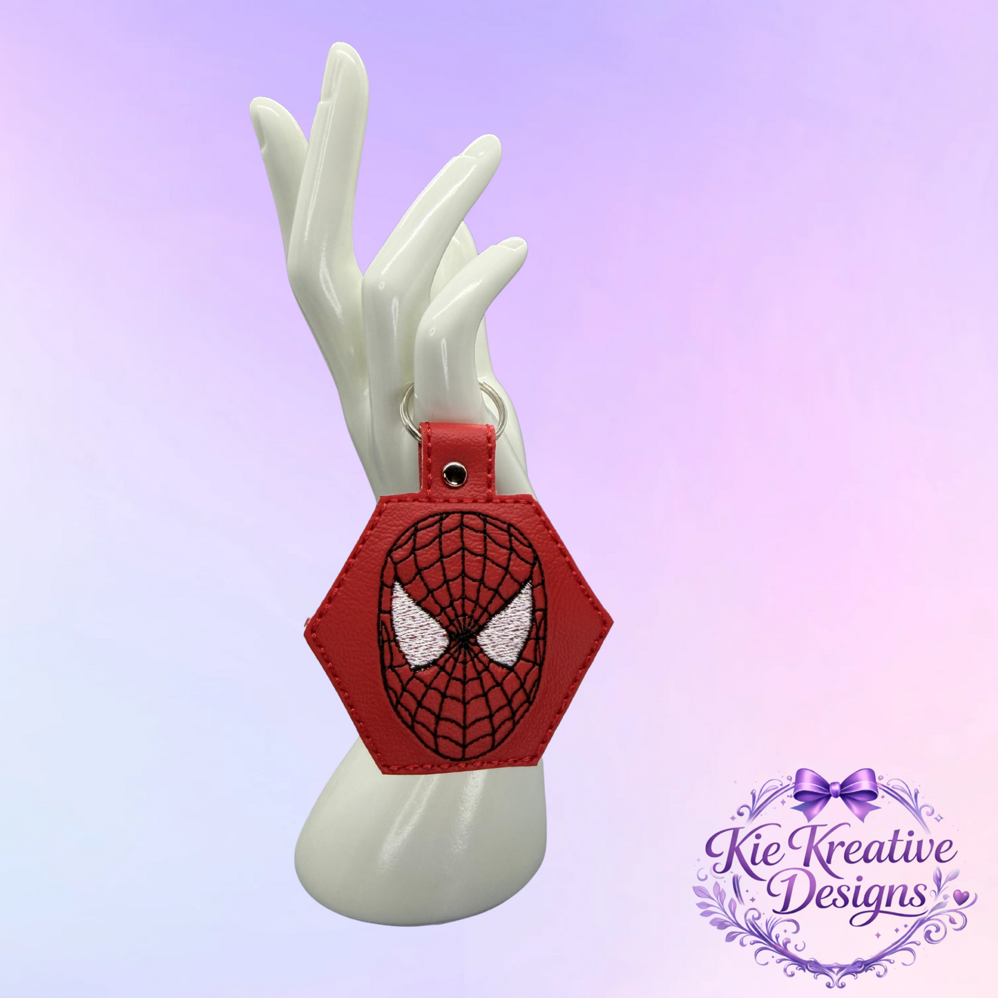Superhero Embroidered Keychain – Spider Inspired Faux Leather Key Fob – Comic Book Fan Gift – Stocking Stuffer for Him – Backpack Charm Accessory