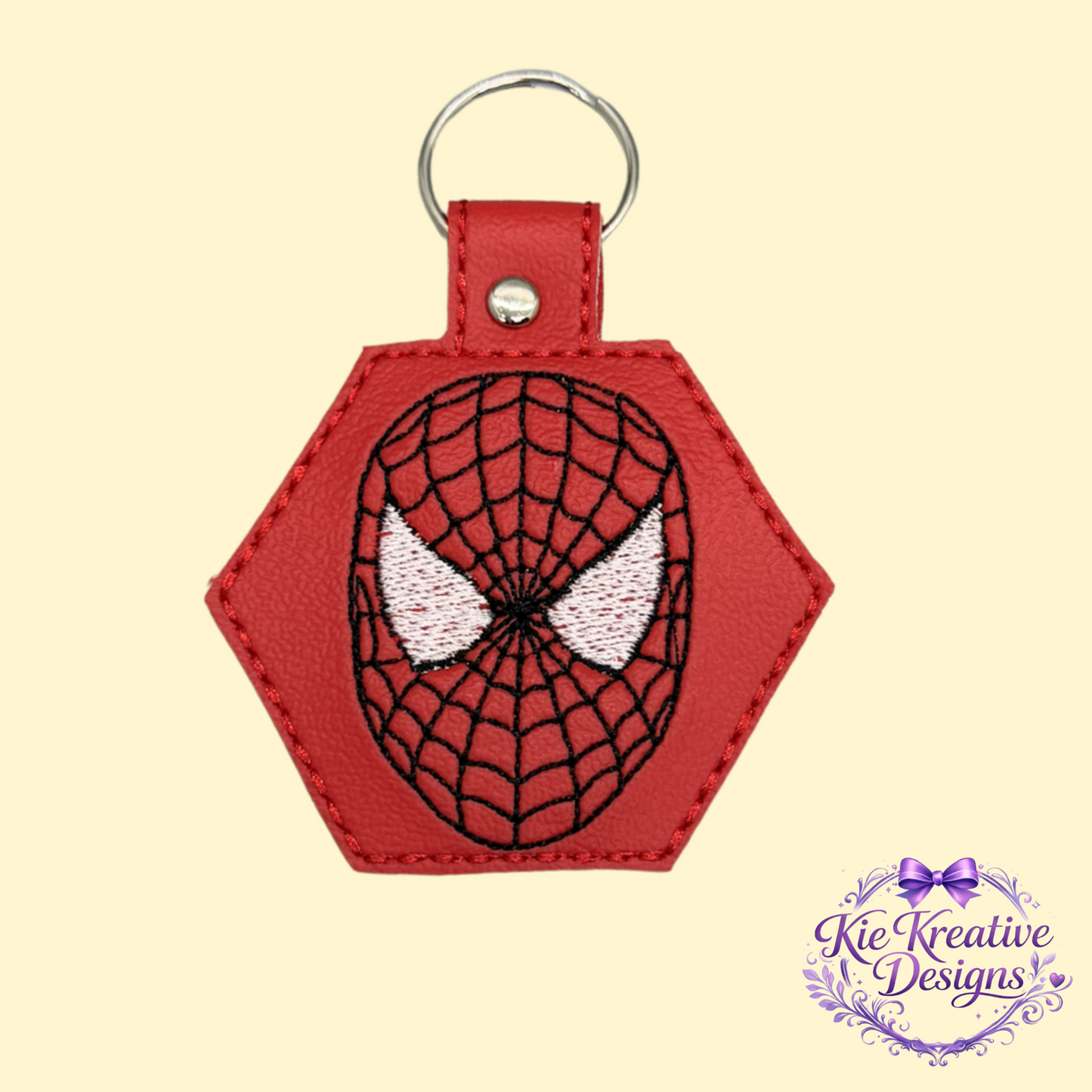 Superhero Embroidered Keychain – Spider Inspired Faux Leather Key Fob – Comic Book Fan Gift – Stocking Stuffer for Him – Backpack Charm Accessory
