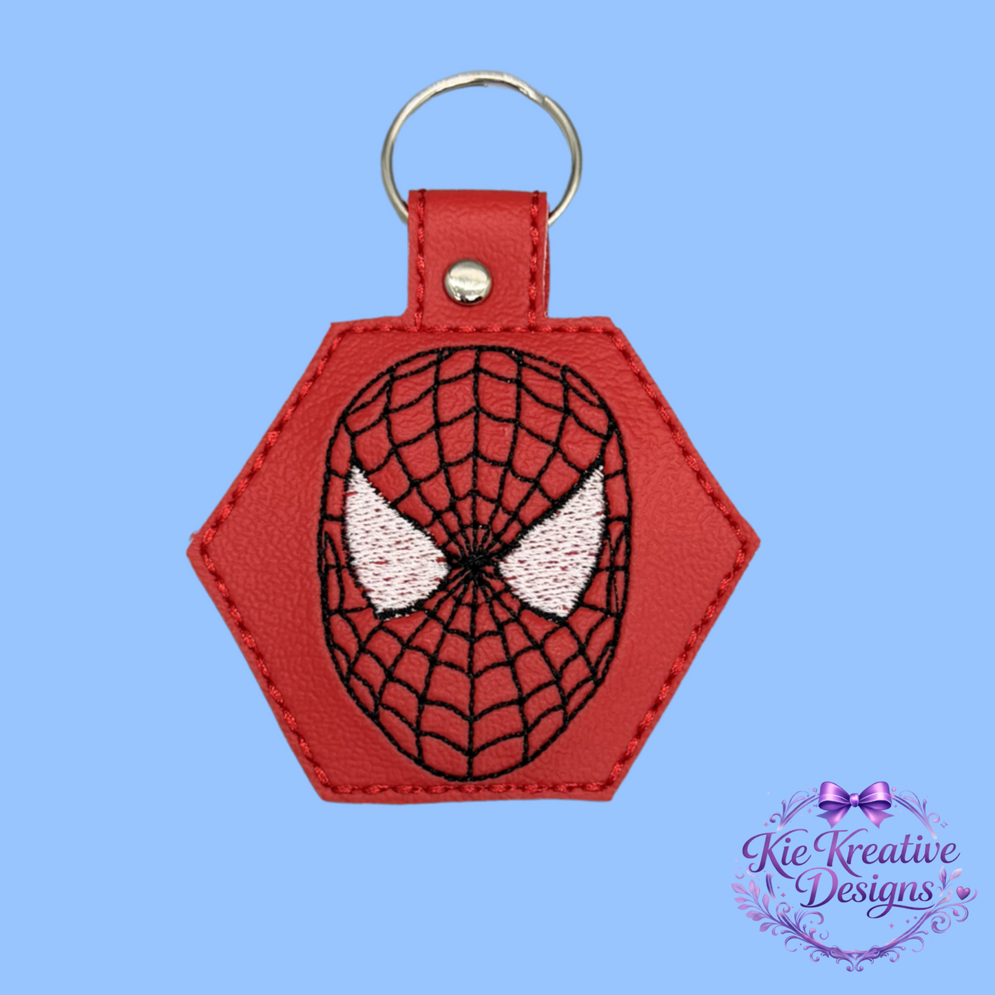 Superhero Embroidered Keychain – Spider Inspired Faux Leather Key Fob – Comic Book Fan Gift – Stocking Stuffer for Him – Backpack Charm Accessory