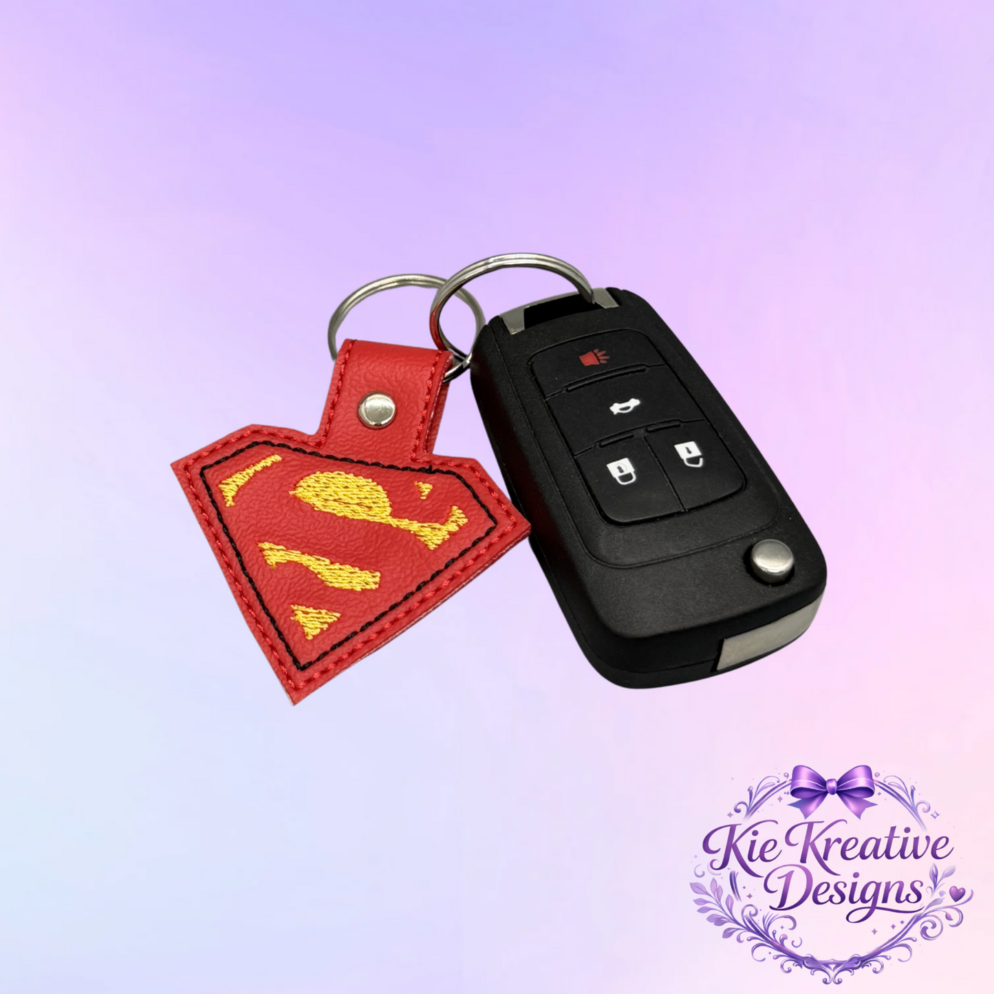 Superhero Embroidered Keychain – Hero Symbol Faux Leather Key Fob – Comic Fan Gift – Super Dad Gift – Father’s Day Small Gift Idea