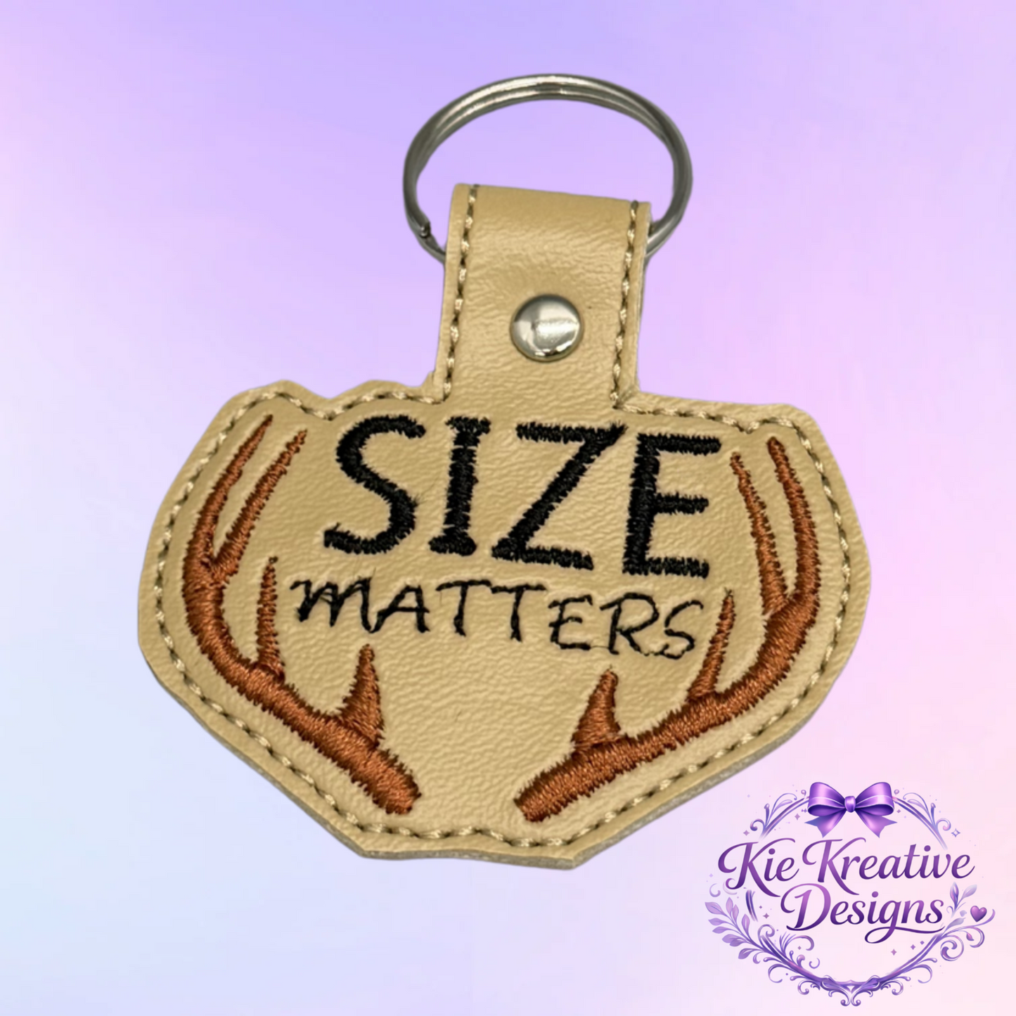 Size Matters Embroidered Keychain – Funny Hunting Gift for Him – Deer Antler Key Fob – Outdoorsman Gift – Hunter Keychain – Rustic Gift Idea