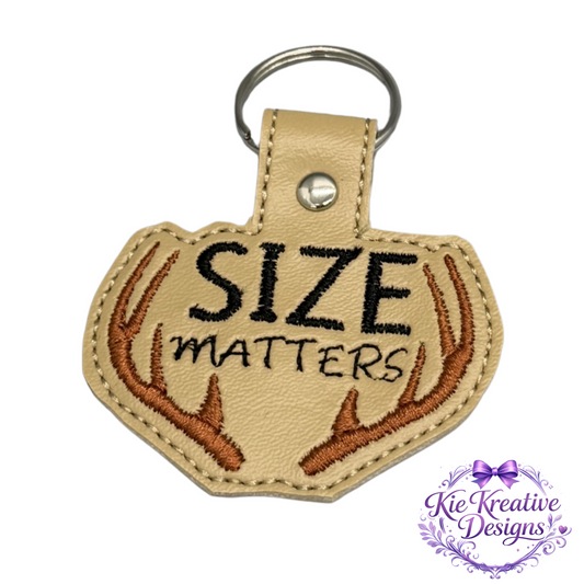 Size Matters Embroidered Keychain – Funny Hunting Gift for Him – Deer Antler Key Fob – Outdoorsman Gift – Hunter Keychain – Rustic Gift Idea
