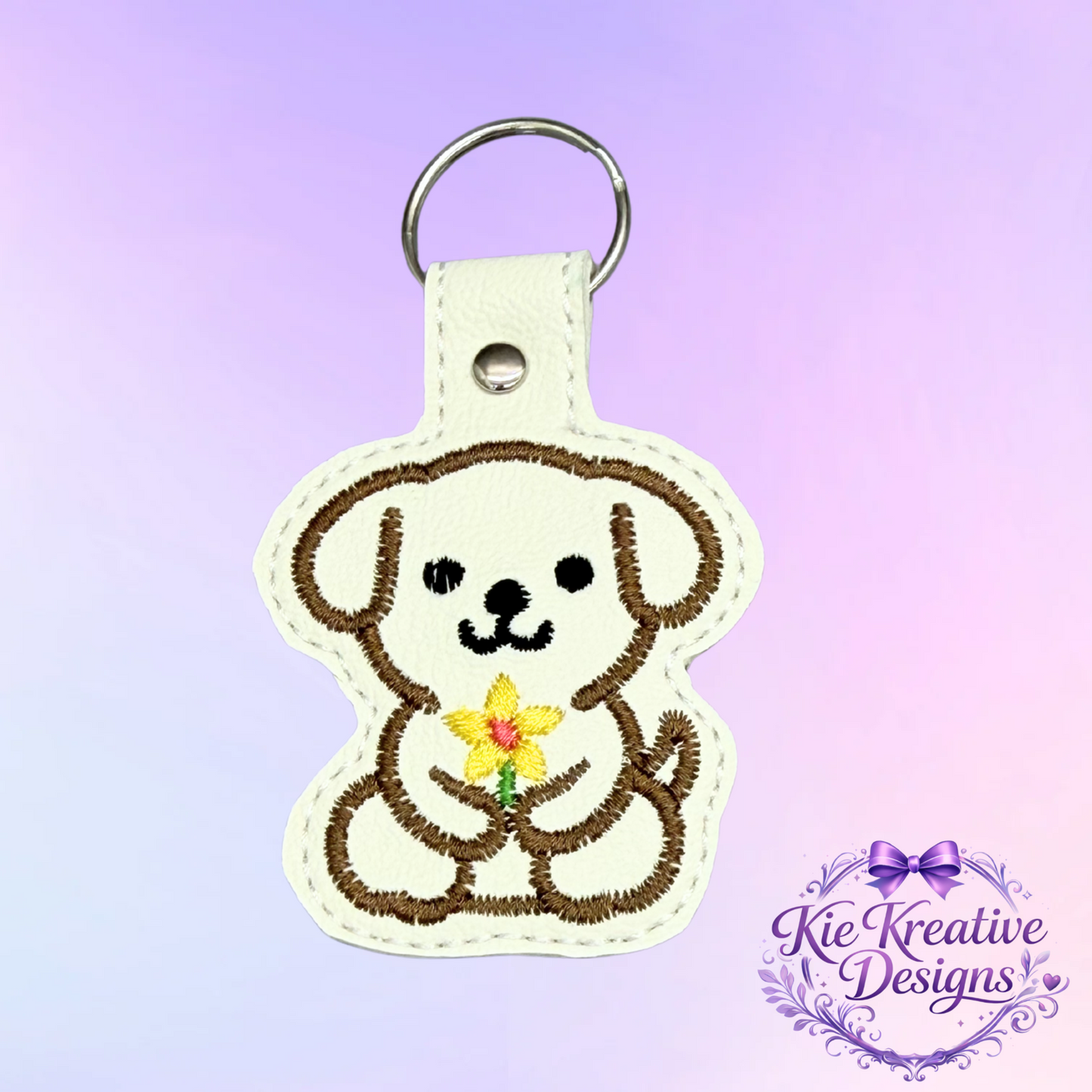 Embroidered Puppy Keychain with Flower – Cute Dog Key Fob – Handmade Dog Lover Gift – Floral Pet Bag Charm – Small Thoughtful Gift