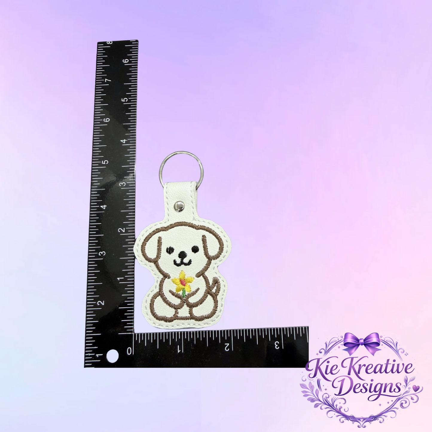 Embroidered Puppy Keychain with Flower – Cute Dog Key Fob – Handmade Dog Lover Gift – Floral Pet Bag Charm – Small Thoughtful Gift