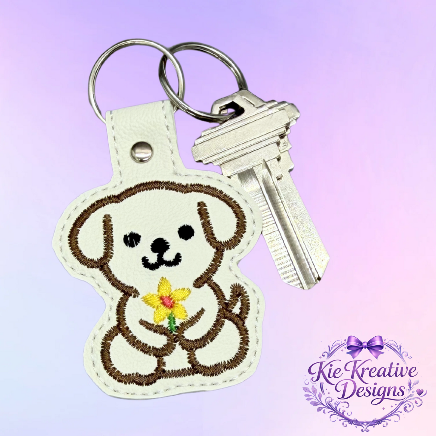 Embroidered Puppy Keychain with Flower – Cute Dog Key Fob – Handmade Dog Lover Gift – Floral Pet Bag Charm – Small Thoughtful Gift