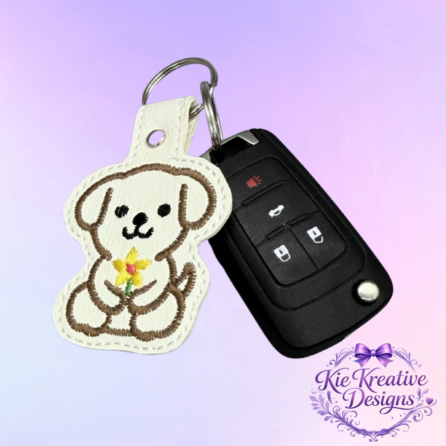 Embroidered Puppy Keychain with Flower – Cute Dog Key Fob – Handmade Dog Lover Gift – Floral Pet Bag Charm – Small Thoughtful Gift