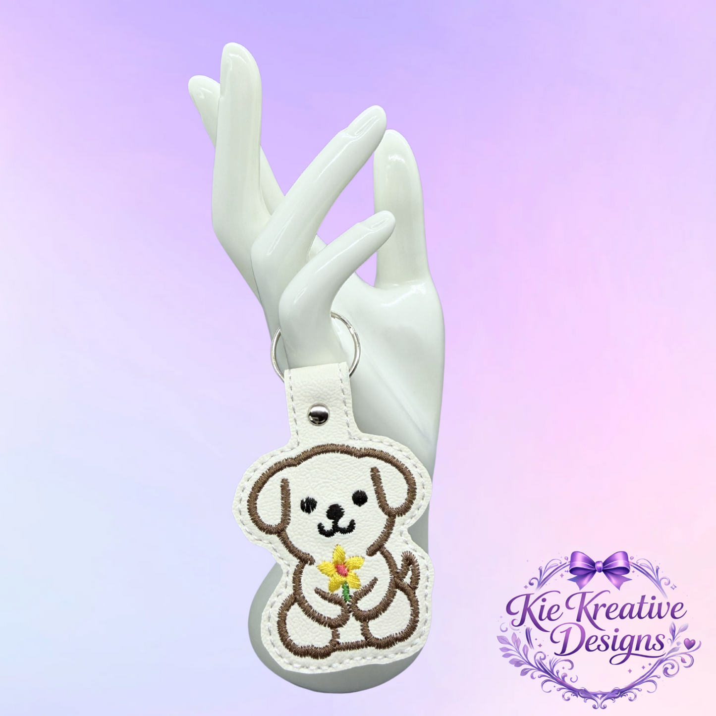 Embroidered Puppy Keychain with Flower – Cute Dog Key Fob – Handmade Dog Lover Gift – Floral Pet Bag Charm – Small Thoughtful Gift