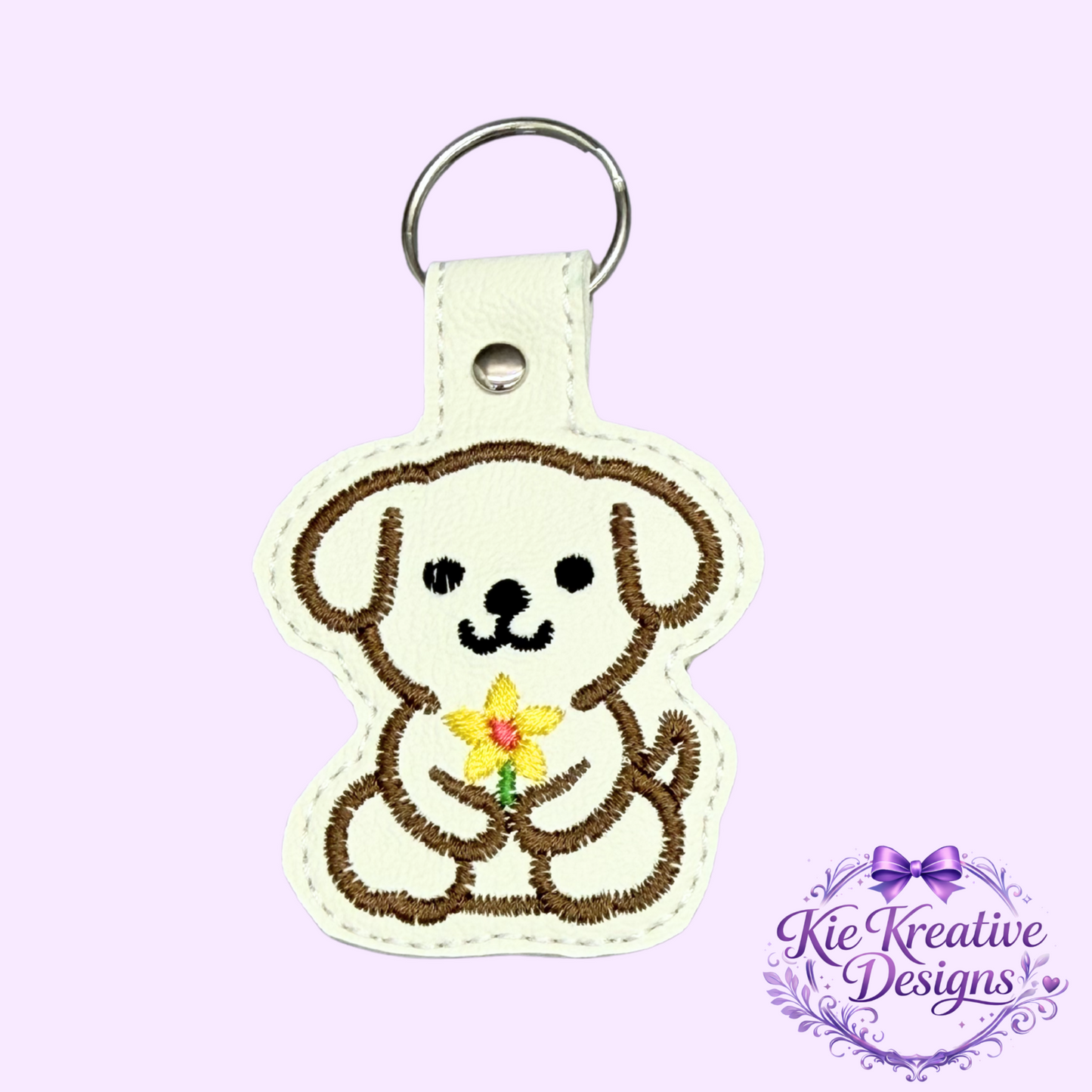 Embroidered Puppy Keychain with Flower – Cute Dog Key Fob – Handmade Dog Lover Gift – Floral Pet Bag Charm – Small Thoughtful Gift
