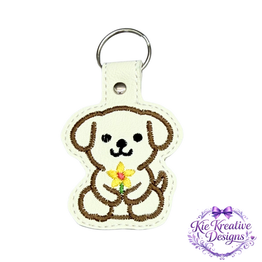 Embroidered Puppy Keychain with Flower – Cute Dog Key Fob – Handmade Dog Lover Gift – Floral Pet Bag Charm – Small Thoughtful Gift