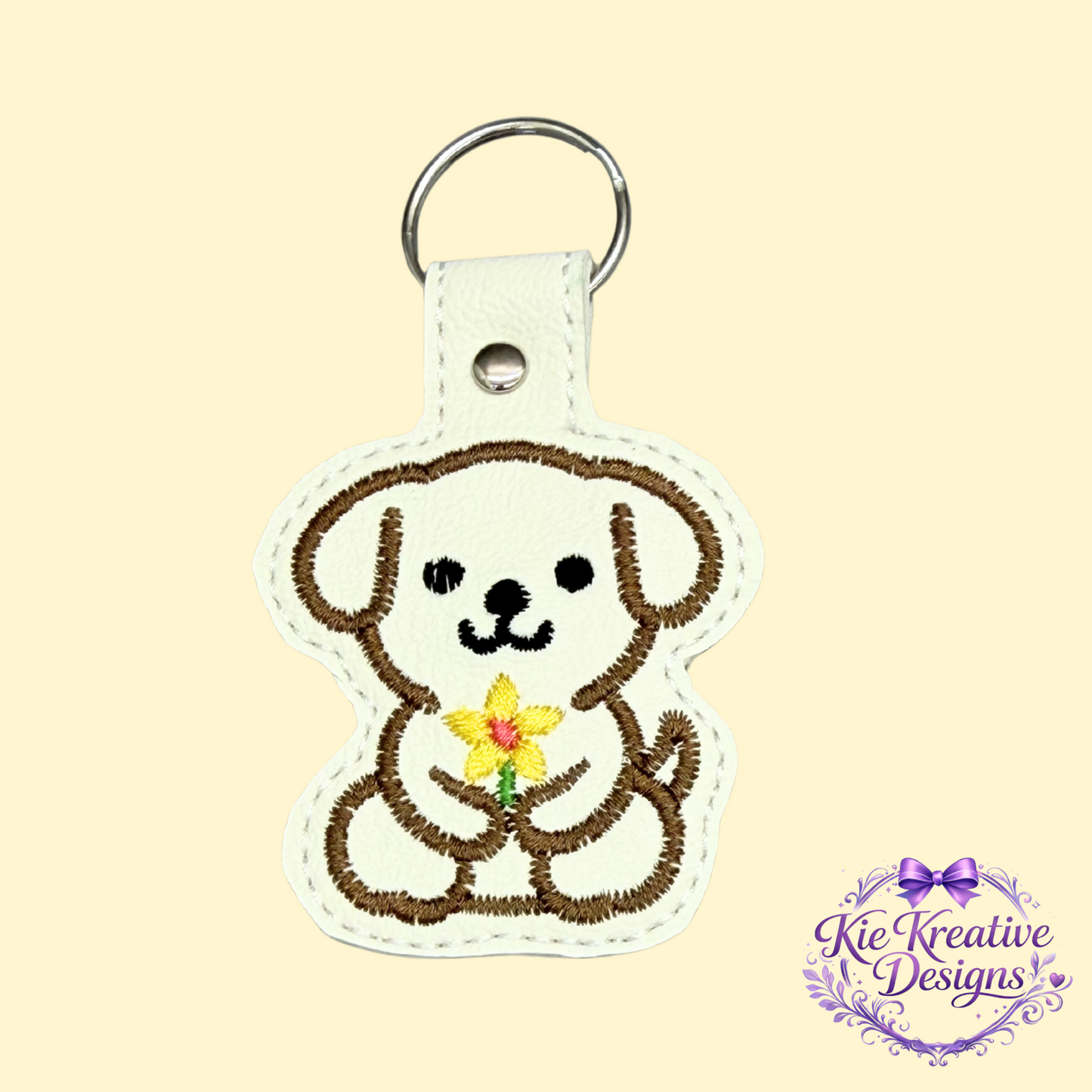 Embroidered Puppy Keychain with Flower – Cute Dog Key Fob – Handmade Dog Lover Gift – Floral Pet Bag Charm – Small Thoughtful Gift
