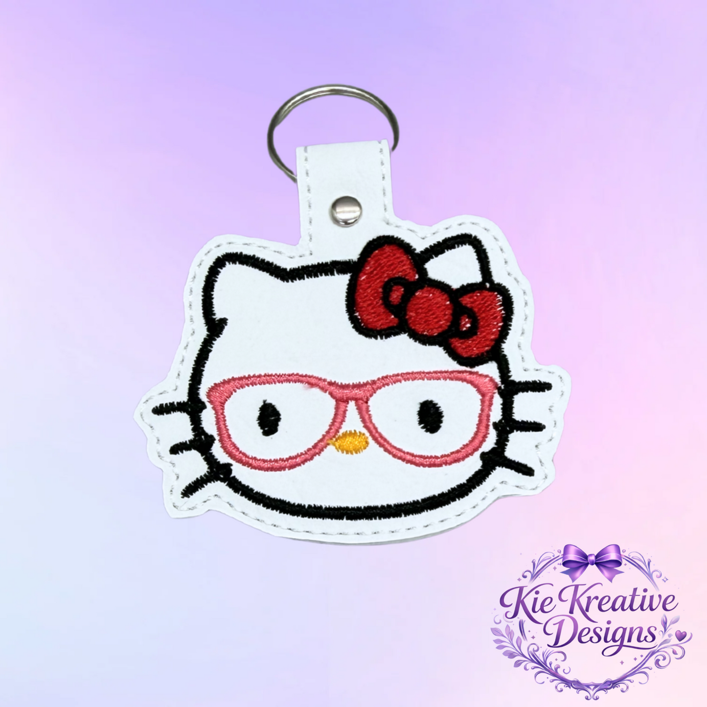 Hello Kitty Glasses Embroidered Keychain – Cute Nerdy Cat Key Fob – Kawaii Bag Charm – Gift for Book Lovers, Teachers, Students