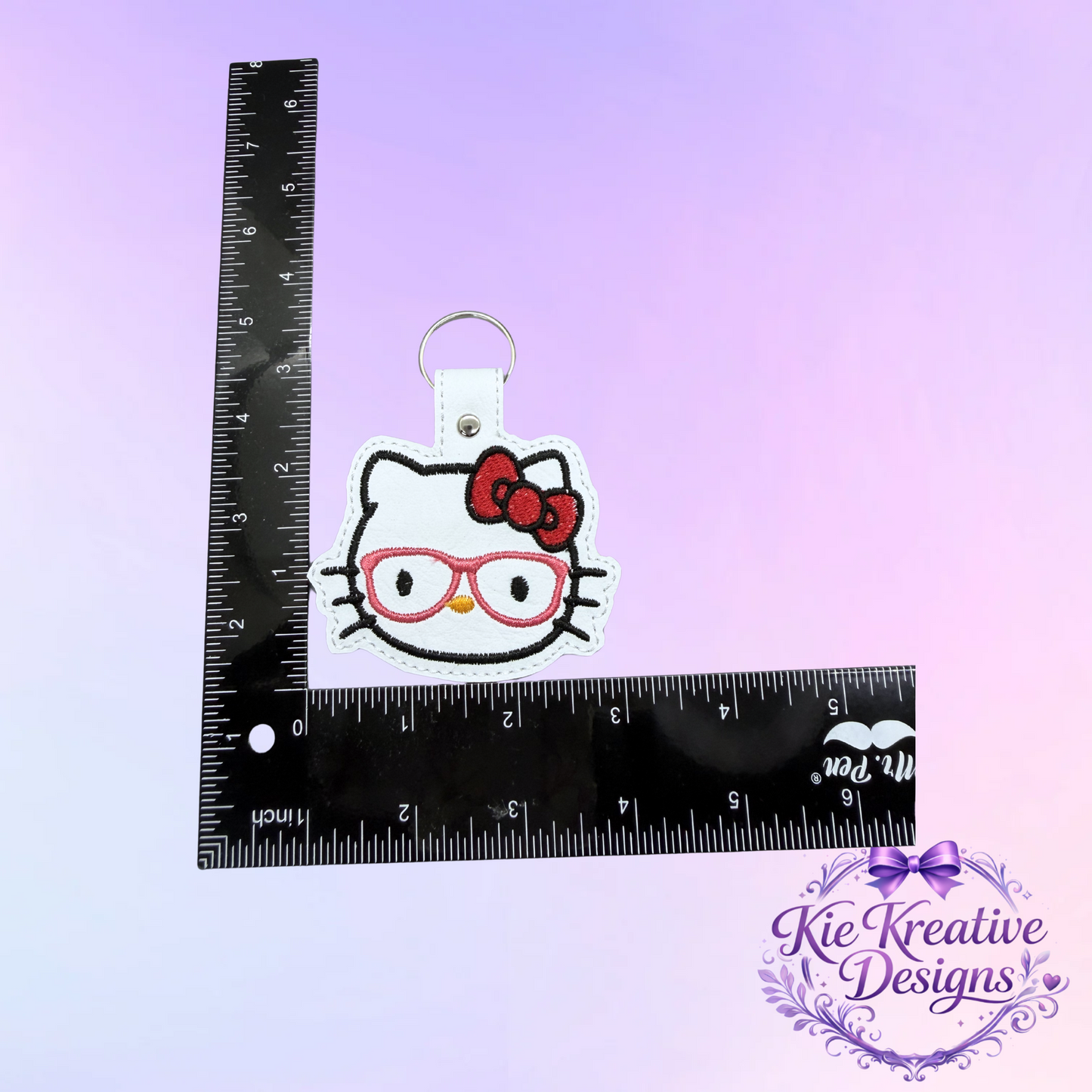 Hello Kitty Glasses Embroidered Keychain – Cute Nerdy Cat Key Fob – Kawaii Bag Charm – Gift for Book Lovers, Teachers, Students