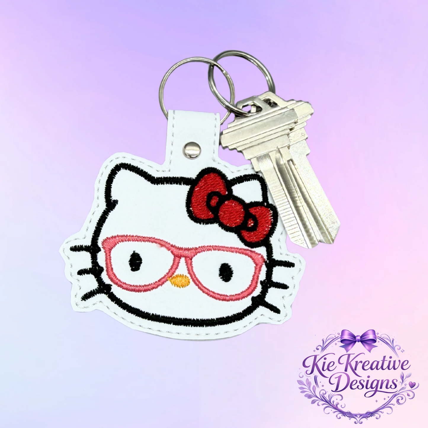 Hello Kitty Glasses Embroidered Keychain – Cute Nerdy Cat Key Fob – Kawaii Bag Charm – Gift for Book Lovers, Teachers, Students