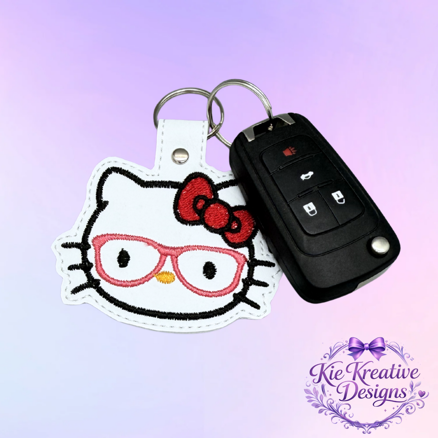 Hello Kitty Glasses Embroidered Keychain – Cute Nerdy Cat Key Fob – Kawaii Bag Charm – Gift for Book Lovers, Teachers, Students