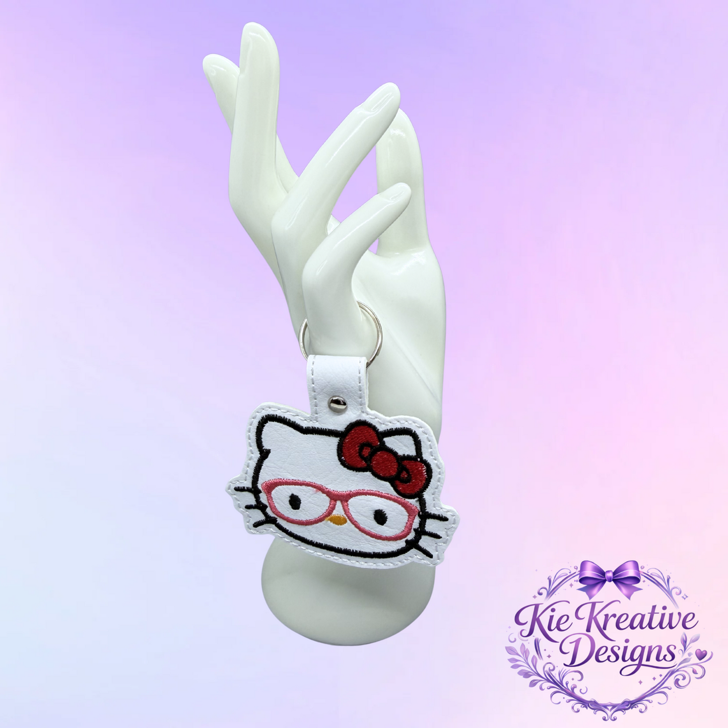 Hello Kitty Glasses Embroidered Keychain – Cute Nerdy Cat Key Fob – Kawaii Bag Charm – Gift for Book Lovers, Teachers, Students