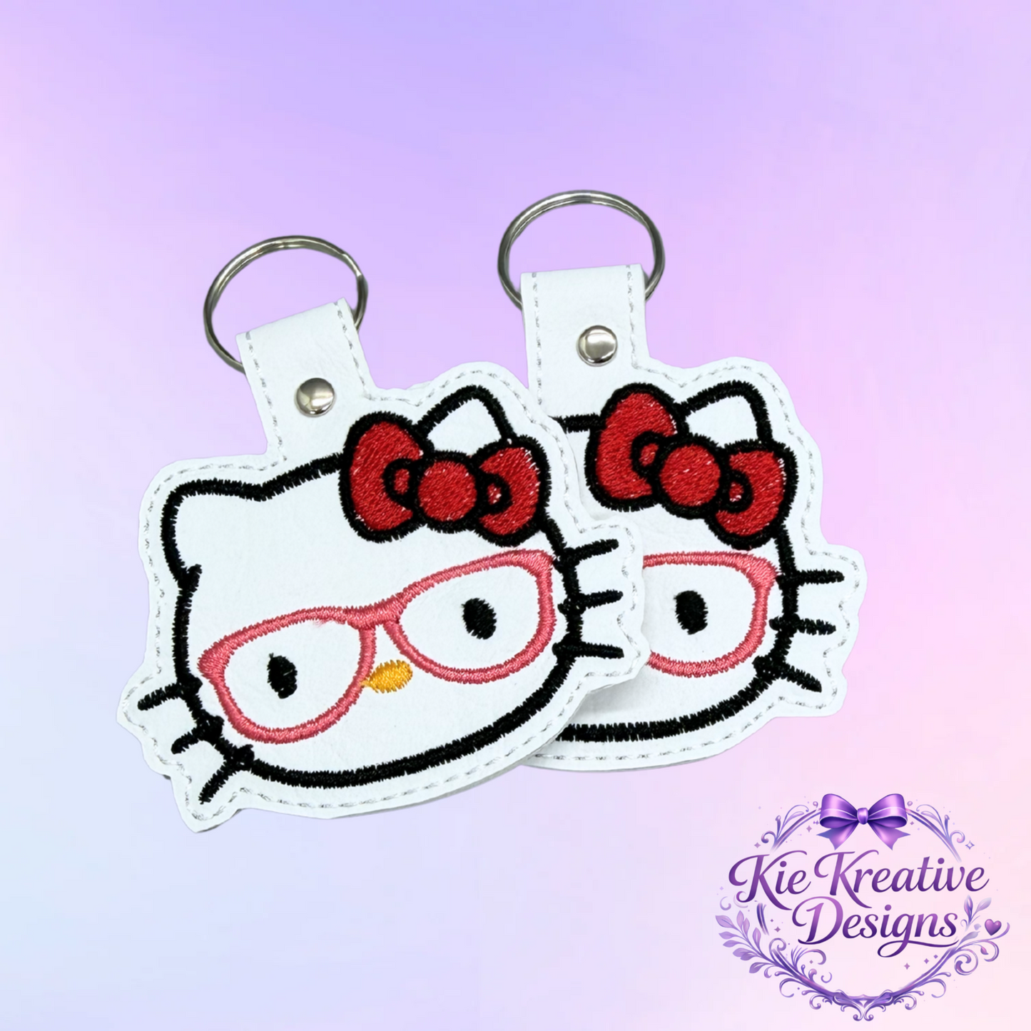 Hello Kitty Glasses Embroidered Keychain – Cute Nerdy Cat Key Fob – Kawaii Bag Charm – Gift for Book Lovers, Teachers, Students