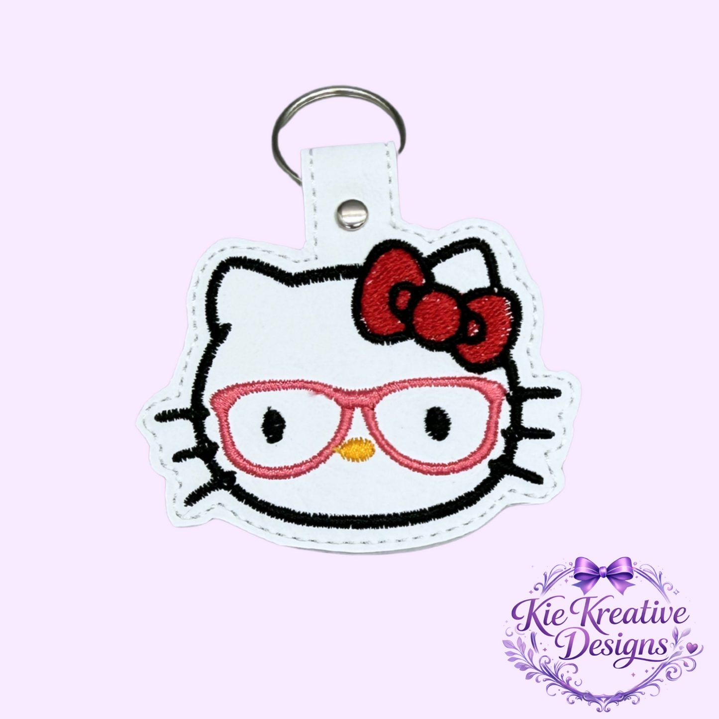 Hello Kitty Glasses Embroidered Keychain – Cute Nerdy Cat Key Fob – Kawaii Bag Charm – Gift for Book Lovers, Teachers, Students