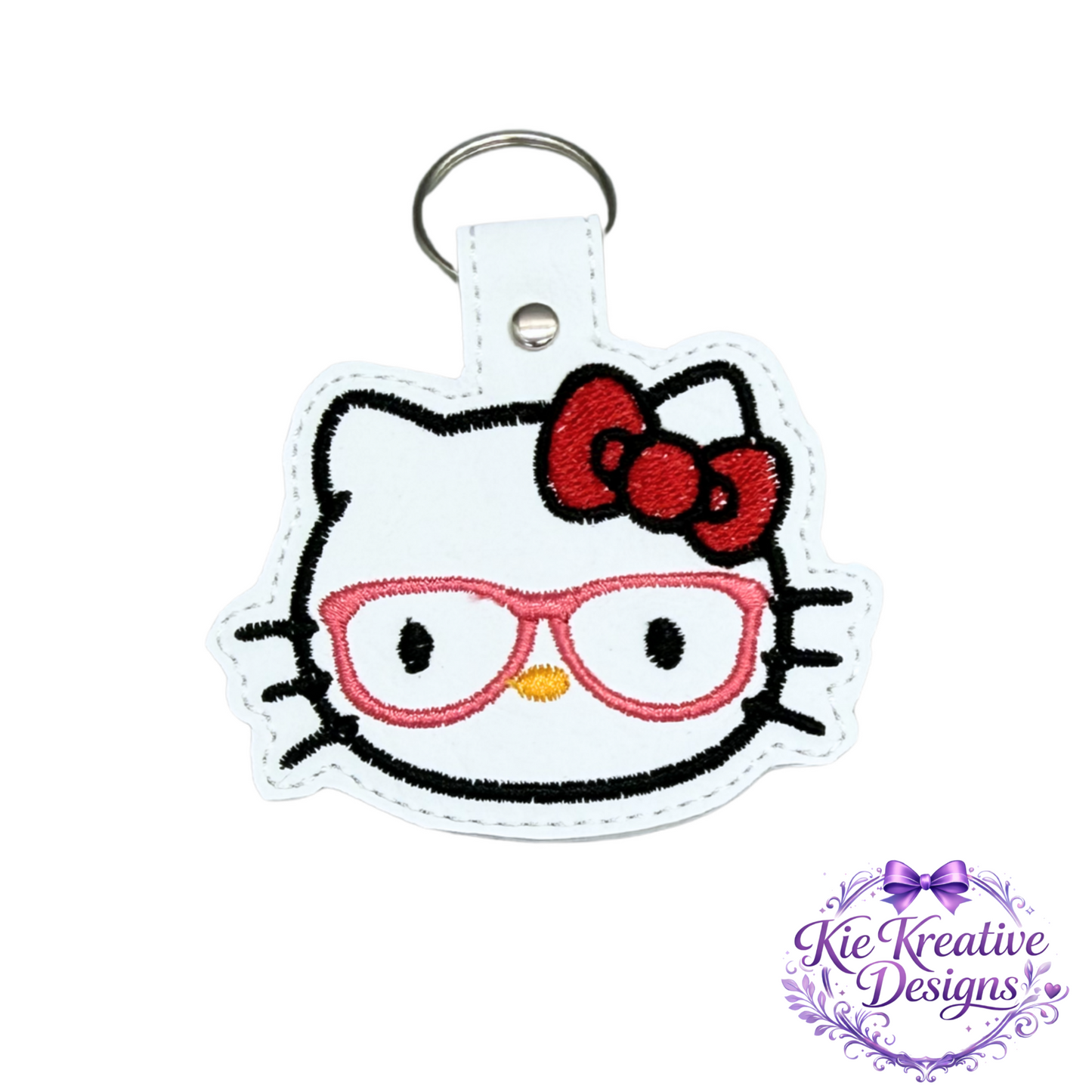 Hello Kitty Glasses Embroidered Keychain – Cute Nerdy Cat Key Fob – Kawaii Bag Charm – Gift for Book Lovers, Teachers, Students