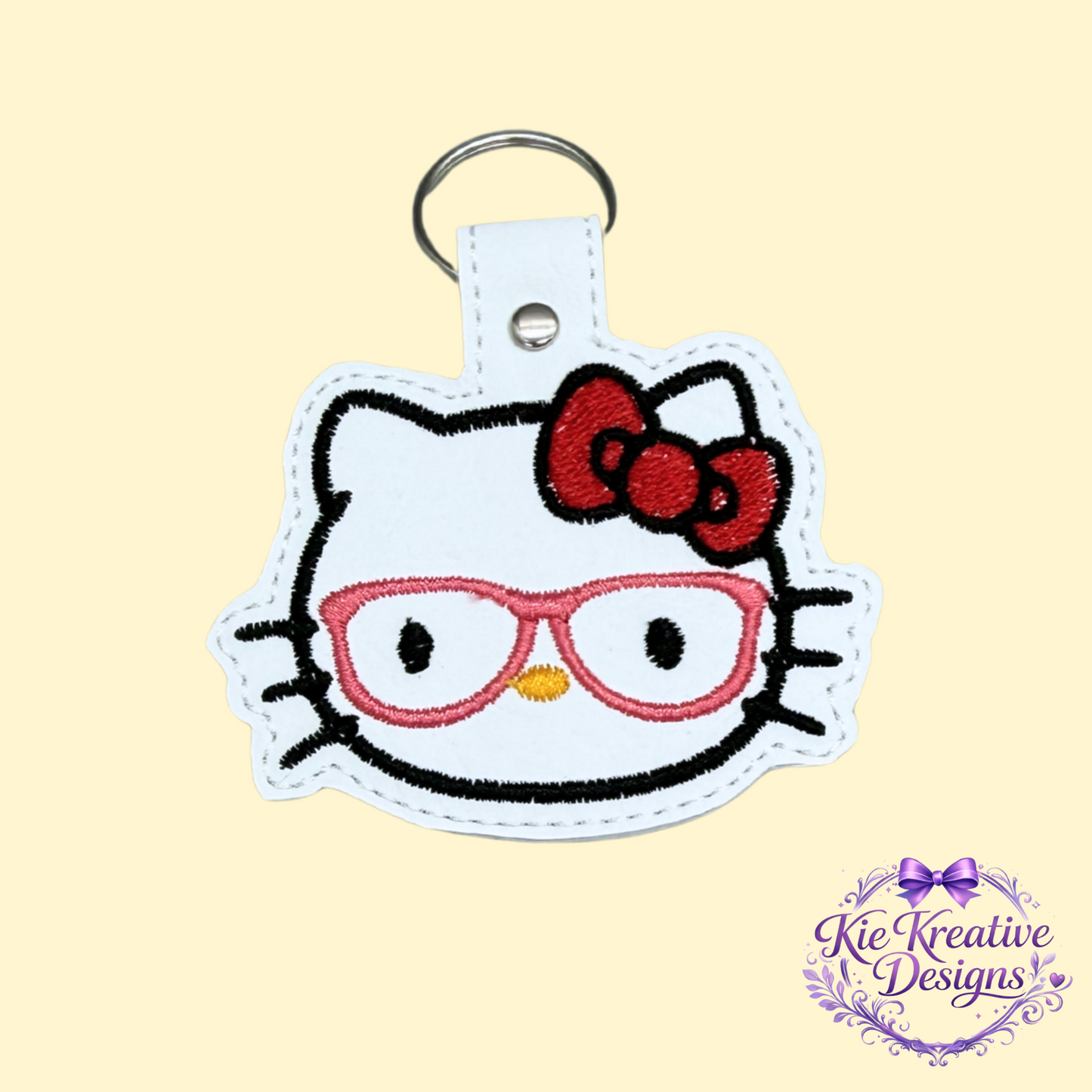 Hello Kitty Glasses Embroidered Keychain – Cute Nerdy Cat Key Fob – Kawaii Bag Charm – Gift for Book Lovers, Teachers, Students